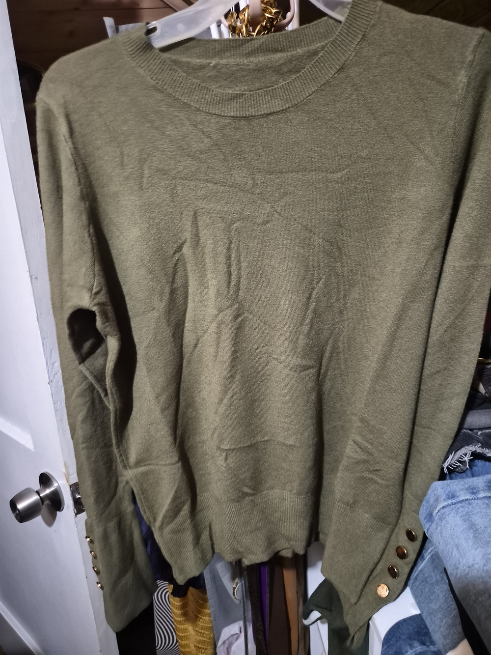 Olive Crewneck Sweater with Button Cuffs